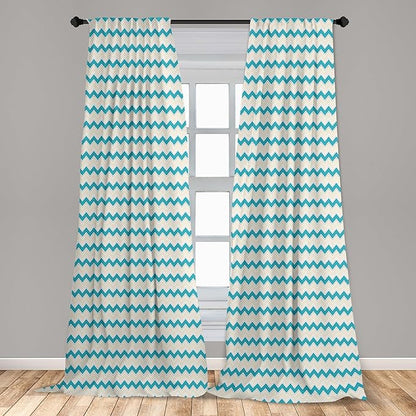Ambesonne Teal Curtains, Horizontal Zigzag Lines Chevron Triangles Pattern Simple Classical Geometric Design, Window Treatments 2 Panel Set for Living Room Bedroom, Pair of - 28" x 95", Cream Teal