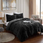 Queen Luxury Faux Fur Comforter Set - Soft & Breathable 7-Piece Bedding Collection - 1 Comforter, 1 Fitted Sheet, 1 Flat, 2 Pillowcases, 2 Pillow Shams - Deep Pocket - Premium Quality, Black