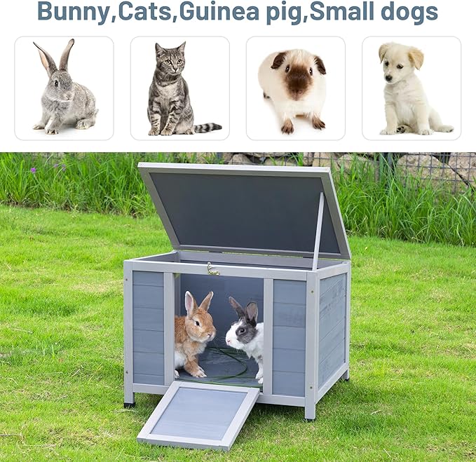 COZIWOW 24inches Wooden Catio Outdoor Cat House Small Animal House，Rabbit Hutch Indoor，Stable Weatherproof Bunny Cage Pet Shelter for Small Cat Dog Rabbit Guinea Pig (Grey)-Mewly Pet