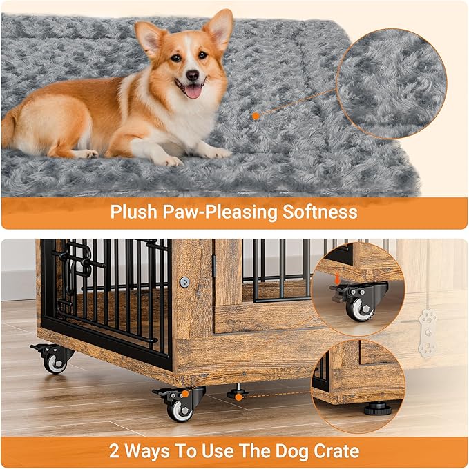 Lulive Dog Crate Furniture, Dog Kennel Indoor Double Doors Wooden Dog Cage, 32'' Heavy Duty Dog Crate with Cushion & Wheels, Decorative End Table Pet House Chew-Resistant for Medium/Small, Brown-Mewly Pet