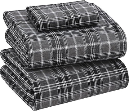 RUVANTI Flannel Sheets Twin XL Size - 100% Cotton Double Brushed Twin XL Sheet Sets, Deep Pockets 16 Inches, All Seasons Breathable & Extra Soft Bed Sheets, Warm & Cozy, 3 Piece, Grey Plaid