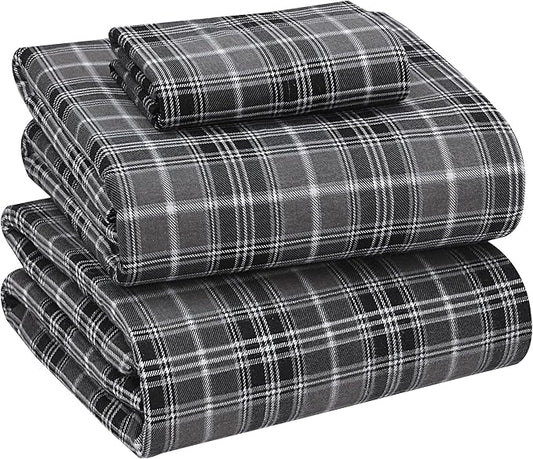 RUVANTI Flannel Sheets Twin Size - 100% Cotton Double Brushed Twin Sheets Set, Deep Pockets 16 Inches, All Seasons Breathable & Extra Soft Bed Sheets, Warm & Cozy, 3 Piece, Grey Plaid