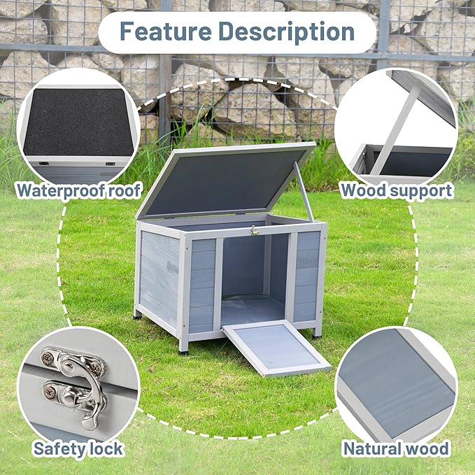 COZIWOW 24inches Wooden Catio Outdoor Cat House Small Animal House，Rabbit Hutch Indoor，Stable Weatherproof Bunny Cage Pet Shelter for Small Cat Dog Rabbit Guinea Pig (Grey)-Mewly Pet