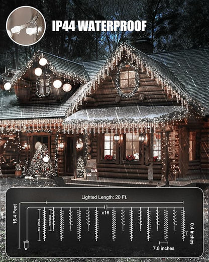 Brightown Cluster Icicle Lights for Outside, 20Ft 1125 LED Christmas Lights Outdoor with 30 Drops, Icicle Christmas Light with Timer Function for House Roofline, Pure White