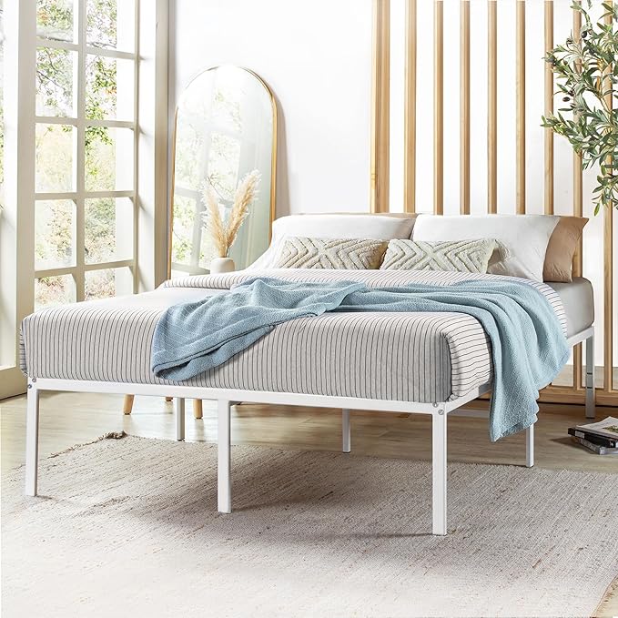 Best Price Mattress 16 Inch Metal Platform Bed Frame, Heavy Duty Steel Slats, White, Queen