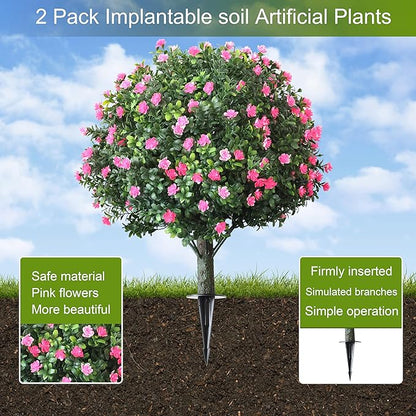 2-Pack Artificial Boxwood Topiary Ball Plant with Pink Flowers, Ground Stake, UV-Resistant Outdoor & Indoor Decorative Flowers