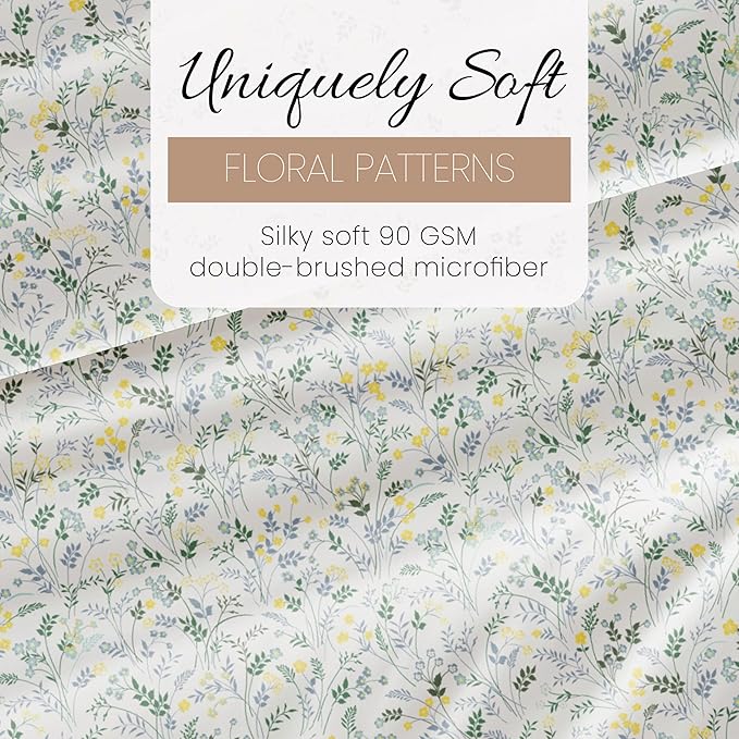 Linen Market 4 Piece Queen Sheet Set - Breathable, Double-Brushed Patterned Cooling Sheets – Oeko-TEX Certified Ultra Soft & Wrinkle-Free 16" Deep-Pocket Queen Sheets - Easy Care Wildflower Blue