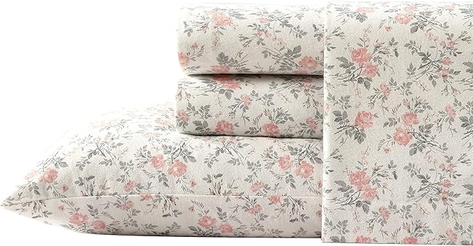 Laura Ashley - Flannel Sheets Queen Size, Anti-Pilling & Wrinkle Resistant Cotton, Touchably Soft for All-Season Comfort - Bed Sheets with Matching Pillowcases & Fitted Sheet (Rosalie Grey)