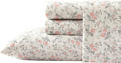 Laura Ashley - Flannel Sheets Full Size, Anti-Pilling & Wrinkle Resistant Cotton, Touchably Soft for All-Season Comfort - Bed Sheets with Matching Pillowcases & Fitted Sheet (Rosalie Grey)
