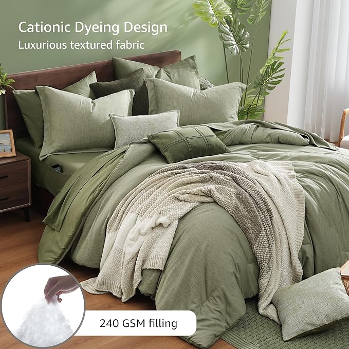 Monbix Full Size Comforter Set, Sage Green Bedding Comforter for Full Size Bed Set Reversible, Bedding Sets Full 7 Pieces, Cationic Dyeing Bed in a Bag with Comforter, Sheets, Pillowcases & Shams