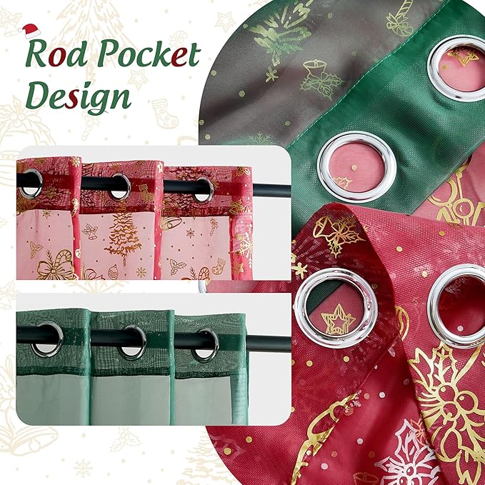 NICETOWN Christmas Window Curtains Set, 2 Pcs W29xL96 Green Sheer + 2 Pcs W40xL96 Gold Foil Stamped for Christmas Home Decoration