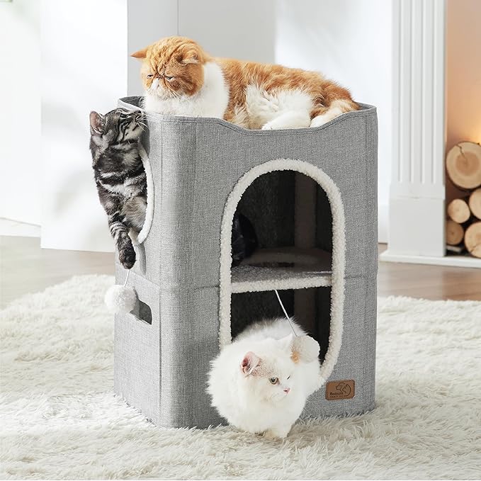 Bedsure 2 Story Cat House - Cat Condos for Indoor Cats with Scratch Pad and Fluffy Ball Hanging, Small Pet Cave Furniture Hideaway for Multi Pets, 18x14x23 inches, Grey-Mewly Pet