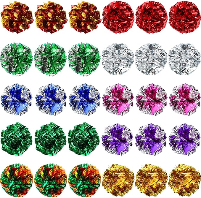 Silkfly 30 Pcs Polyester Film Crinkle Balls Cat Toys 2.36" Interactive Crinkle Ball, Colorful Chew and Chase Cat Toys for Indoor Kittens to Keep Fit Active-Mewly Pet