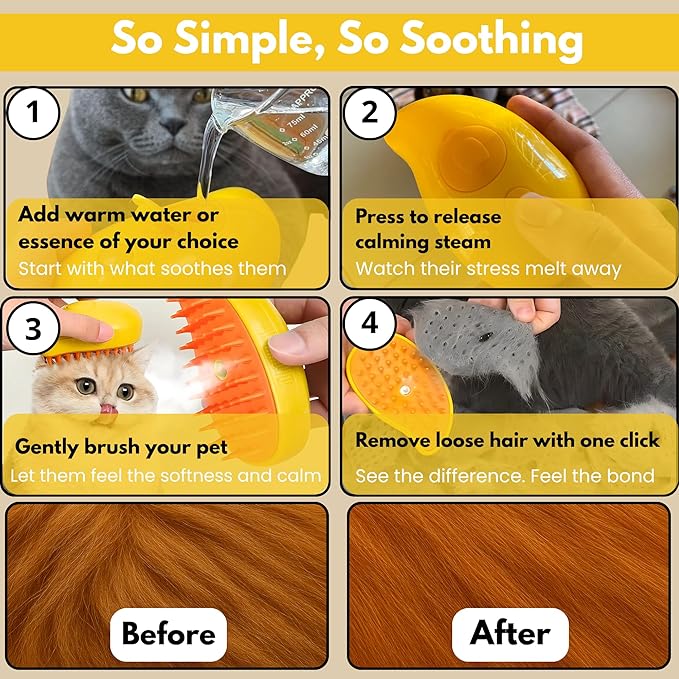 Steam Cat Brush for Indoor Cats – Mist Spray Comb for Shedding & Hair Removal | Silicone Pet Grooming Tool for Long-Haired Cats & Dogs-Mewly Pet