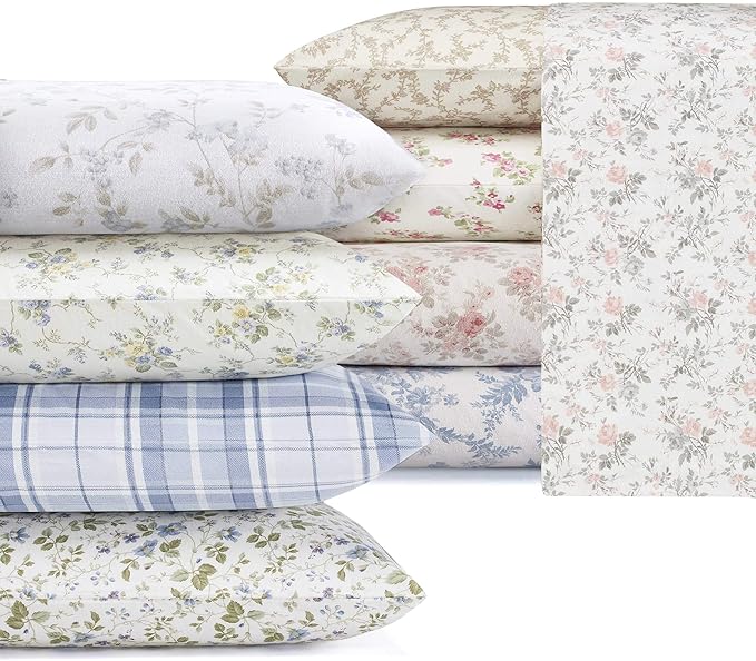 Laura Ashley - Flannel Sheets Queen Size, Anti-Pilling & Wrinkle Resistant Cotton, Touchably Soft for All-Season Comfort - Bed Sheets with Matching Pillowcases & Fitted Sheet (Crestwood Pastel Grey)