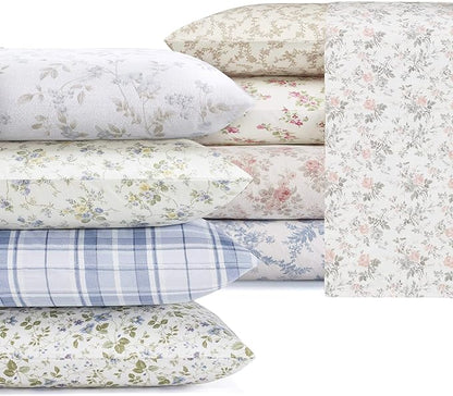 Laura Ashley - Flannel Sheets Queen Size, Anti-Pilling & Wrinkle Resistant Cotton, Touchably Soft for All-Season Comfort - Bed Sheets with Matching Pillowcases & Fitted Sheet (Crestwood Pastel Grey)