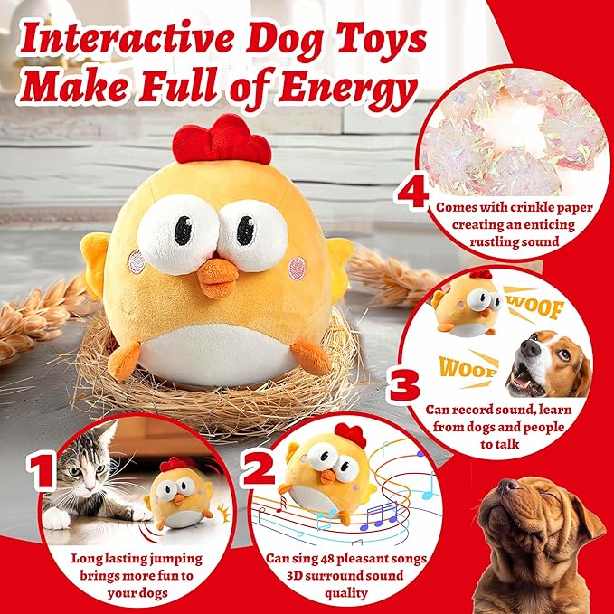 Interactive Dog Toys, Squeaky Moving Ball Toy with Jumping & Music Modes, Rechargeable Plush Chew Toys for Small/Medium/Large Dogs to Keep Puppy Busy Pet Toys (Chick)-Mewly Pet