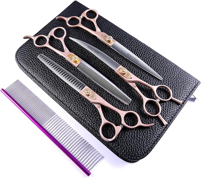 Fenice Peak 7.5‘’ Professional Dog Grooming Scissors Set Rose Gold 440C Stainless Steel Straight Thinning Curved Chunker Shears 4pcs Set for Pet Grooming Services Dogs and Cats-Mewly Pet