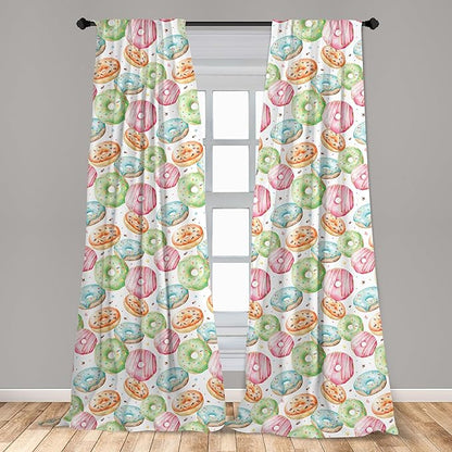 Ambesonne Watercolor Window Curtains, Delicious Donuts Pattern Various Flavors Sprinkles Stars Background, Lightweight Decor 2-Panel Set with Rod Pocket, Pair of - 28" x 84", Pale Fern