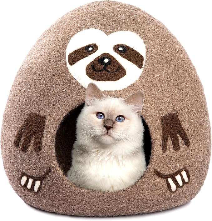 Luxurious Eco-Friendly Merino Wool Cat Cave Bed Sloth - Foldable Hideaway Pod for Indoor Cats - Premium Felt Kitten Beds - Covered Cat House for Ultimate Cozy Comfort by Woolygon-Mewly Pet