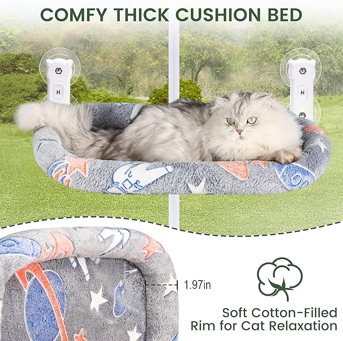 2 Pack Cat Window Perch, Glow in The Dark Foldable Cat Hammock with Cozy Pad Bed, Breathable Cordless Window Seat with Stud Metal Frame for Large Cats and Kitten (Cushion Bed, 2 Pack - L)-Mewly Pet