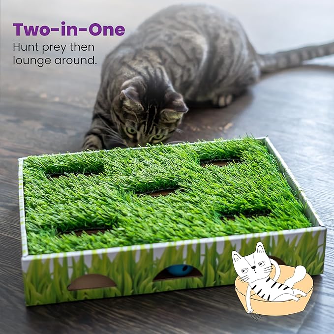 Catstages Grass Patch Hunting Box Interactive Bat & Swat Game for Indoor Cats, 3 Jingle Balls Included, Green-Mewly Pet