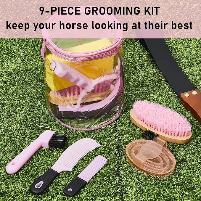 9 Pieces Horse Grooming Kit Tack Room Supplies Set with Organizer Tote Bag, Oval Massage Curry, Hard and Soft Brush, Hoof Pick, Sweat Scraper, Bathing Sponge, Combs for Horse Riders Beginners (Pink)-Mewly Pet