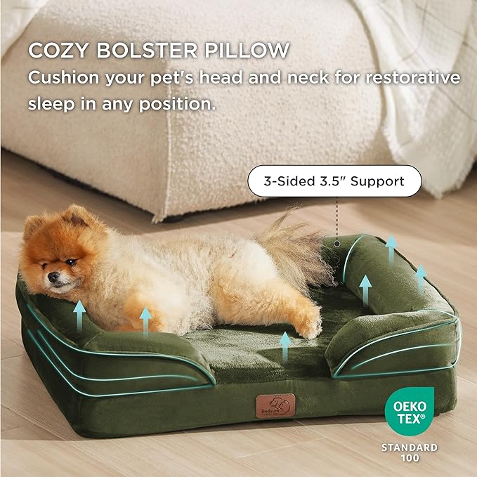 Bedsure Orthopedic Dog Beds for Small Dogs - Washable Small Dog Cat Bed Waterproof, Comfort Pet Couch Sofa with Washable Removable Cover, Pets Bed with Nonskid Bottom, Moss Green, 24"-Mewly Pet