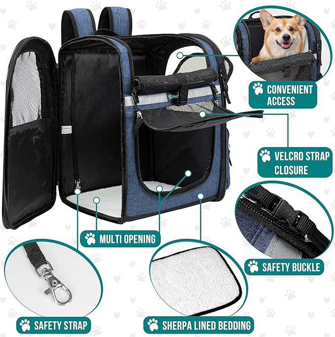 PetAmi Dog Backpack Carrier for Small Large Cat, Pet, Puppies, Ventilated Pet Hiking Backpack Travel Bag, Airline Approved Cat Backpack Carrier, Safety Back Support, Camping Biking, Max 18 lbs, Navy-Mewly Pet