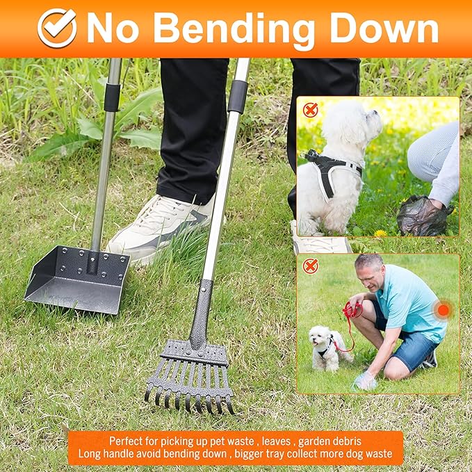 Dog Pooper Scooper, Adjustable Handle Poop Scooper with Tray,Rake and Spade Set of 3, Steel Stainless Poop Scoop for Small Medium Dogs and Pet Waste on Grass, Dirt and Gravel (Medium Size)-Mewly Pet