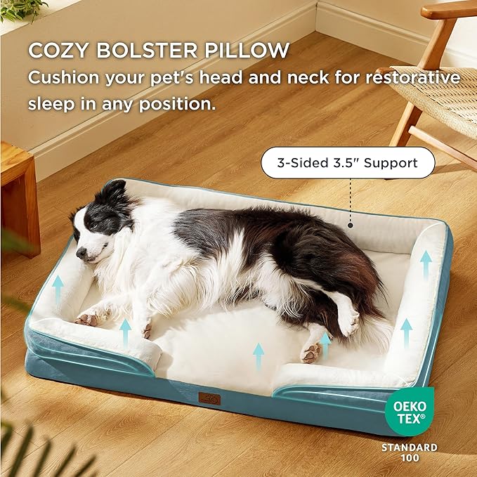 Bedsure Orthopedic Dog Beds Large Sized Dog - Washable Large Dog Cat Bed Waterproof, Comfort Dogs Couch Sofa with Washable Removable Cover, Pet Bed with Nonskid Bottom, Dune Haze Blue, 35"-Mewly Pet