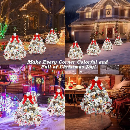 Lewondr Set of 2 Prelit Pathway Christmas Trees, 27.56" Outdoor Christmas Tree with 50 LED Lights, Pine Cones Red Berries, Battery Operated Outdoor Xmas Decor for Yard Home Porch, White Snowflake