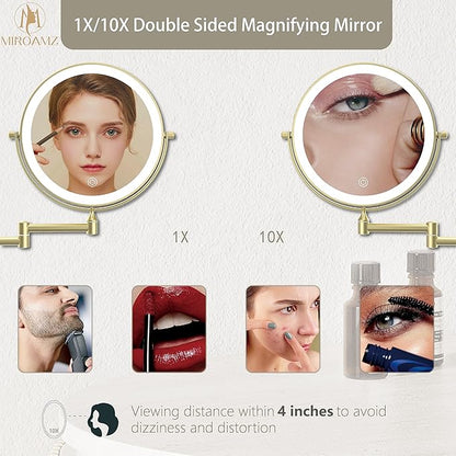 Rechargeable Wall Mounted Lighted Makeup Vanity Mirror 8 Inch Double Sided 1X 10X Magnifying Bathroom Mirror, 3 Color Lighting, Touch Screen Dimming, 360 Rotation Shaving Mirror Gold