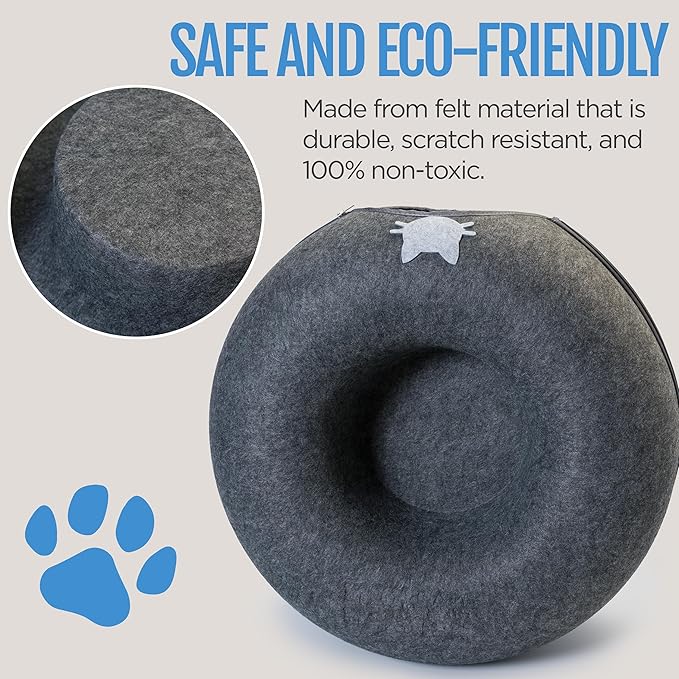 Meow Mansion Large Cat Cave Donut - Cat Tunnel; up to 30lbs - 3 Toy Balls & Hanging Ball Included - Scratch Resistant, Detachable and Cleanable Cat Donut Bed-Mewly Pet