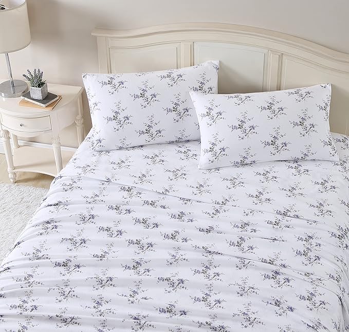 Laura Ashley - Flannel Sheets Queen Size, Anti-Pilling & Wrinkle Resistant Cotton, Touchably Soft for All-Season Comfort - Bed Sheets with Matching Pillowcases & Fitted Sheet (Jessika Lavender)