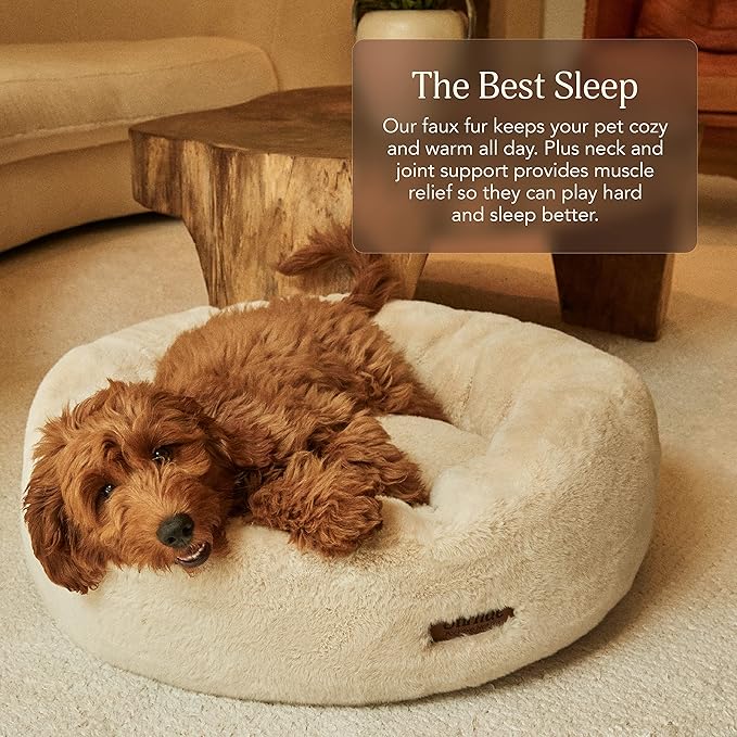 UnHide Floof Pet Bed - Small (23" x 8") - Extra Soft Dog Bed - Removable Faux Fur Cover - Machine Washable - Helps Ease Pet Anxiety & Provides The Perfect Sleep - Beige Bear-Mewly Pet