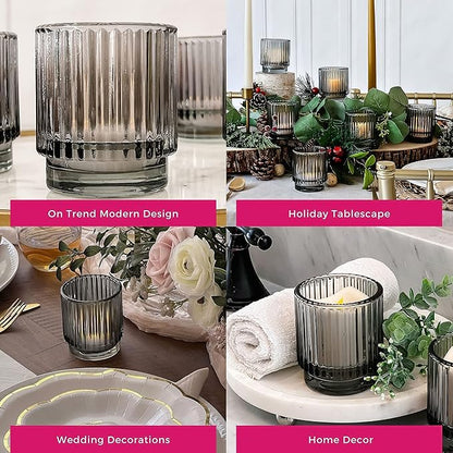 Kate Aspen Ribbed Glass Candle Holder Set - 6 Smoke Gray Tealight Holders for Home, Kitchen, Room or Living Room Decor - Vintage Tea Light Votive Accent for Table or Shelf Styling