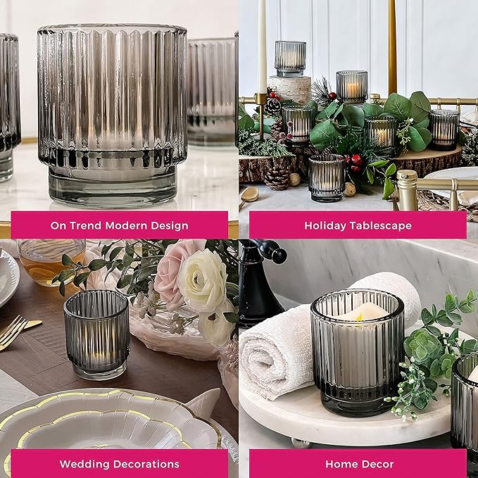 Kate Aspen Ribbed Glass Candle Holder Smoke Gray Tealight Holders for Home, Kitchen, Room or Living Room Decor - Vintage Tea Light Votive Accent for Table or Shelf Styling (Pack of 36)
