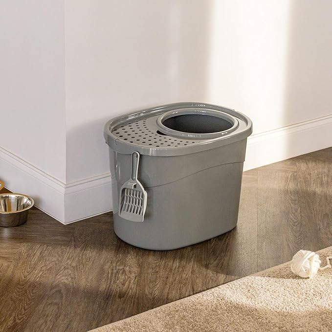 Amazon Basics Large Cat Litter Box with High Sides, Top Entry, Includes Scoop, 20.5 x 14.75 x 14.38 inches, Grey-Mewly Pet