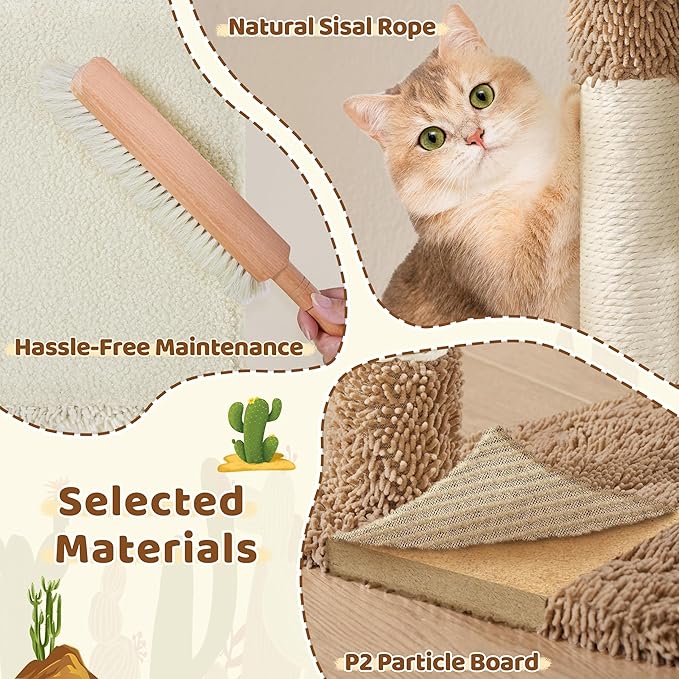 Yaheetech Cactus Cat Tree, 42in Cat Tower for Indoor Cats, Multi Level Kitten Condo Scratching Post, Pet Activity Center Furniture w/Ball, Plush Perch, Platform, Basket, Beige/Brown-Mewly Pet