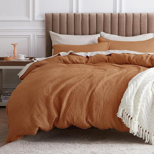 Bedsure Cotton Duvet Cover Queen - 100% Cotton Waffle Weave Hazel Duvet Cover Queen Size, GentleSoft™ and Breathable Bedding Set for All Season, 3 Pieces, 90"x90"