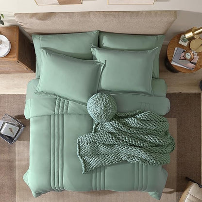 Monbix Queen Comforter Set - 7 Pieces Harbor Green Bed in a Bag Queen Bedding Sets with Comforters, All Seasons Down Alternative Comforter Bed Set with Sheets, Pillowcases & Shams