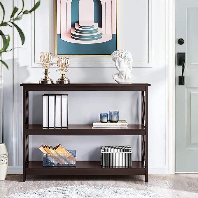 Yaheetech Console Table with 3 Storage Shelves, 3-Tier Entryway Table, Sofa Side Narrow Long Bookshelf for Hallway Living Room, Accent Furniture, Espresso