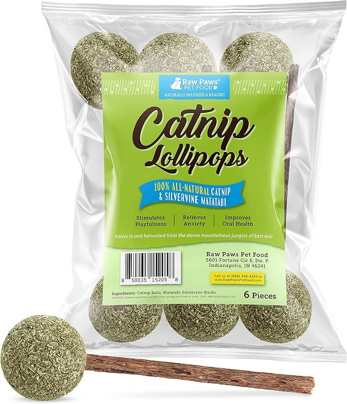 Raw Paws Catnip & Silvervine Lollipops Interactive Cat Toy (6 Pack) - Silvervine Sticks for Cats - Catnip Ball Toy - Fresh Cat Nip - Silver Vine Dental Sticks-Mewly Pet