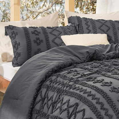 Bedsure Tufted Boho Comforter Set Full Size - Dark Grey Boho Bed Set, GentleSoft™ 3 Pieces Farmhouse Shabby Chic Embroidery Bedding, Gifts for Woman, Soft Jacquard Full Comforter for All Seasons