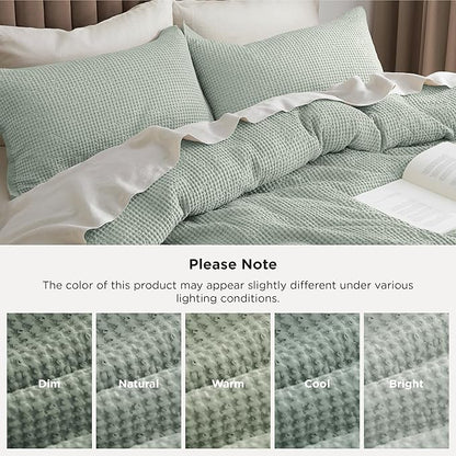 Bedsure Cotton Duvet Cover Queen - 100% Cotton Waffle Weave Sage Green Duvet Cover Queen Size, GentleSoft™ and Breathable Bedding Set for All Season, 3 Pieces, 90"x90"