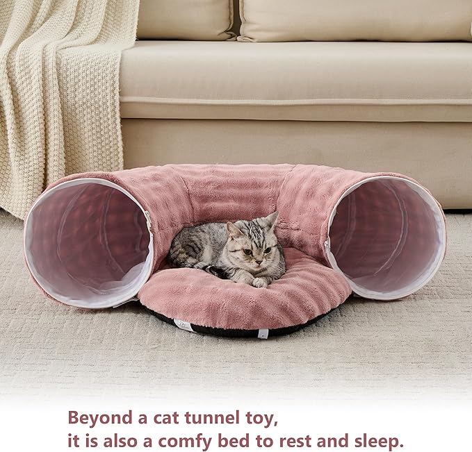 Bubble Cat Tunnel for Indoor Cats, Round Peekaboo Cave Toy with Dangling Balls, Donut Tunnel Bed with Circle Mat for Puppy Kitten Rabbit, Dusty Pink-Mewly Pet