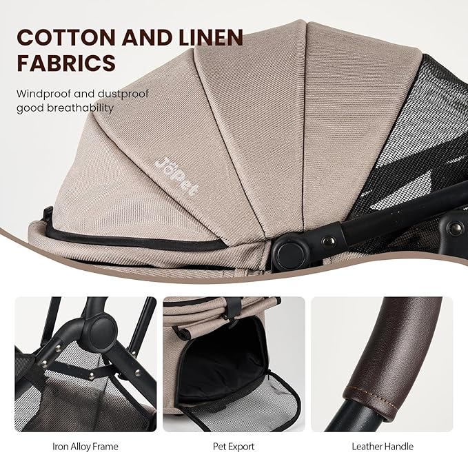 Pet Stroller, Small to Medium Dogs & Cats, Foldable, One-Hand Fold, Detachable Carrier, Latte Color-Mewly Pet