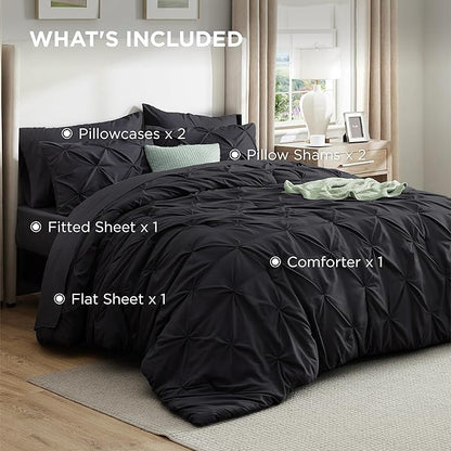 Bedsure Oversized King Comforter Set Black - Bed in a Bag Bedding Set 7 Pieces, GentleSoft™ Pintuck Bed Set Gift for Family, Pinch Pleat Black Comforter with Sheets, Pillowcases & Shams