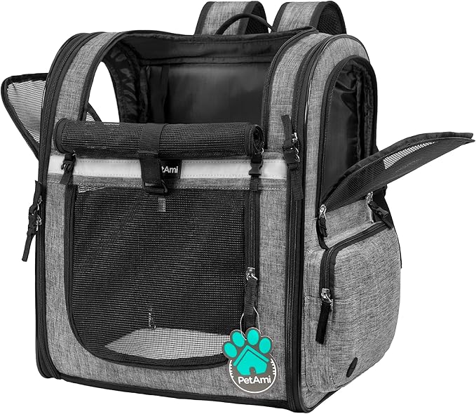PetAmi Dog Backpack Carrier for Small Large Cat, Pet, Puppies, Ventilated Pet Hiking Backpack Travel Bag, Airline Approved Cat Backpack Carrier, Safety Back Support, Camping Biking, Max 18 lbs, Grey-Mewly Pet